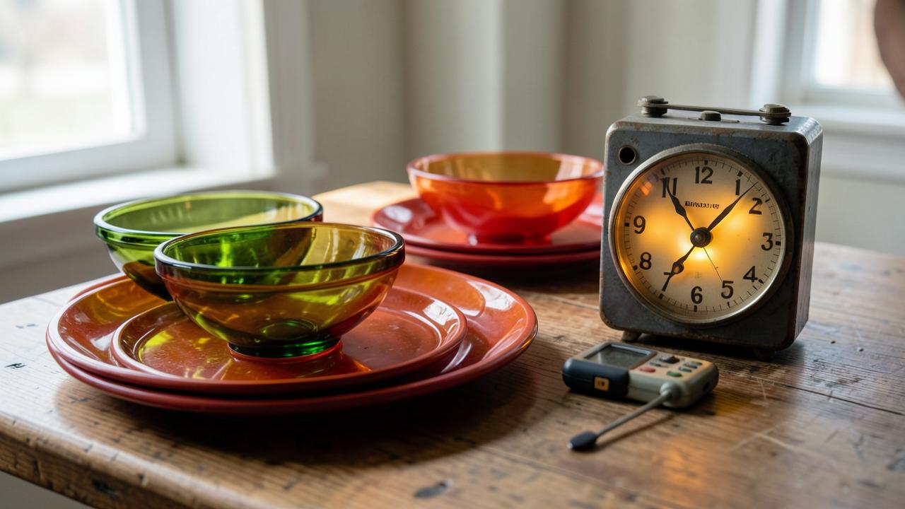 Uranium glass bowls, vintage ceramic dinnerware and an old luminous-dial clock on a wooden table beside a survey meter