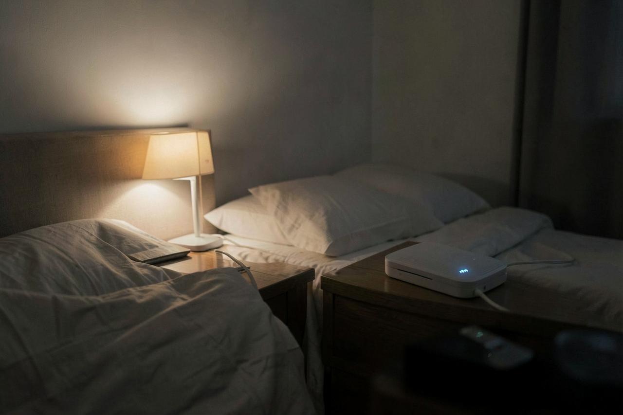Bedroom at night with a Wi-Fi router and phone charger on the nightstand