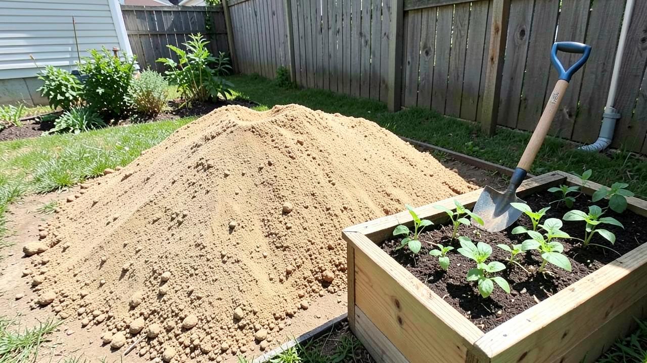 A delivered pile of sandy fill dirt in a backyard next to a raised garden bed of young seedlings