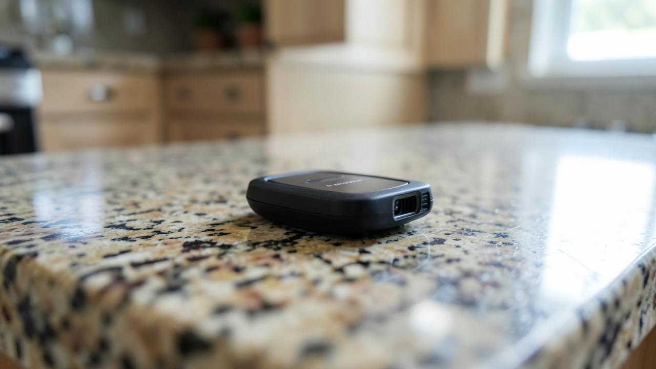 A survey meter resting on a polished speckled granite kitchen countertop