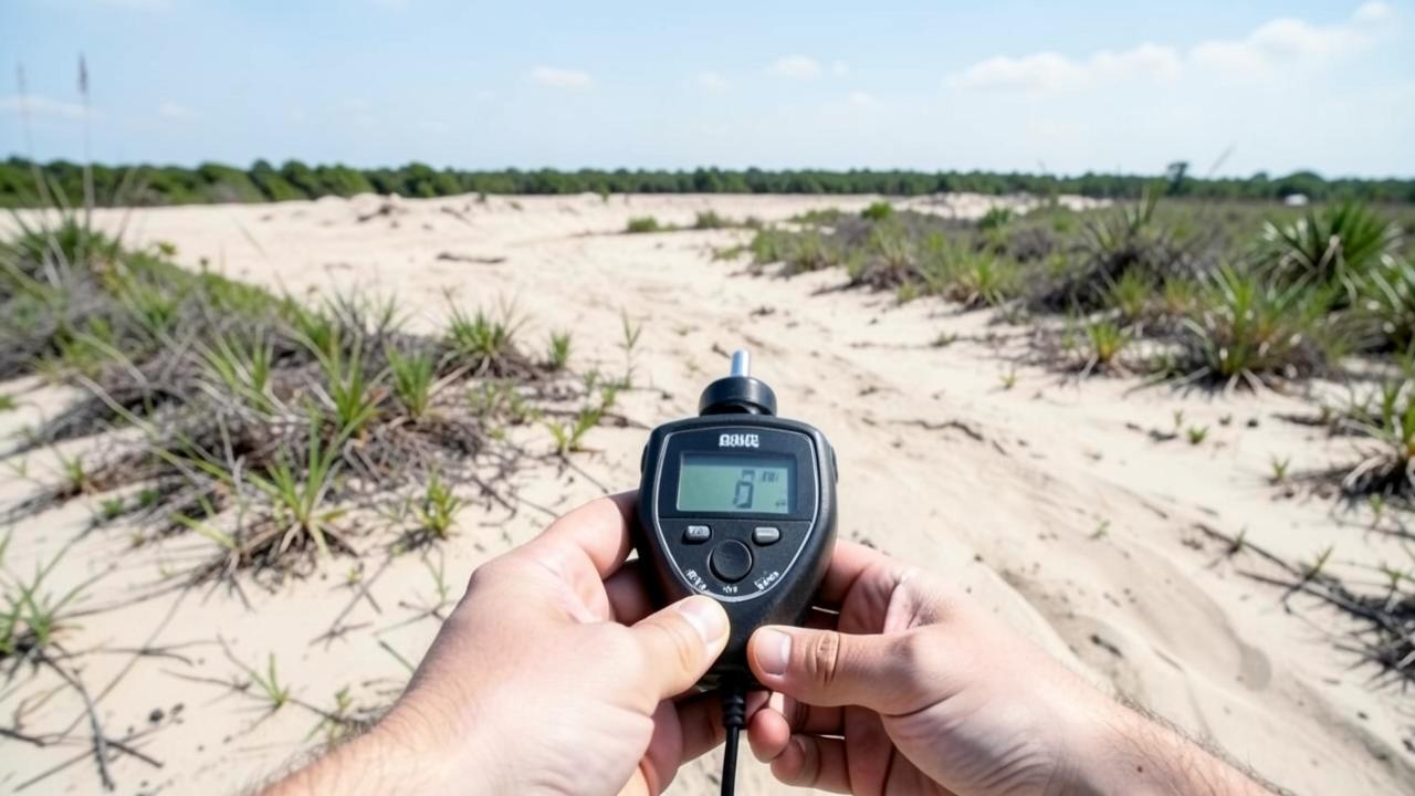 A handheld Geiger-Mueller survey meter held over open sandy ground at the edge of reclaimed phosphate-mined land in Florida