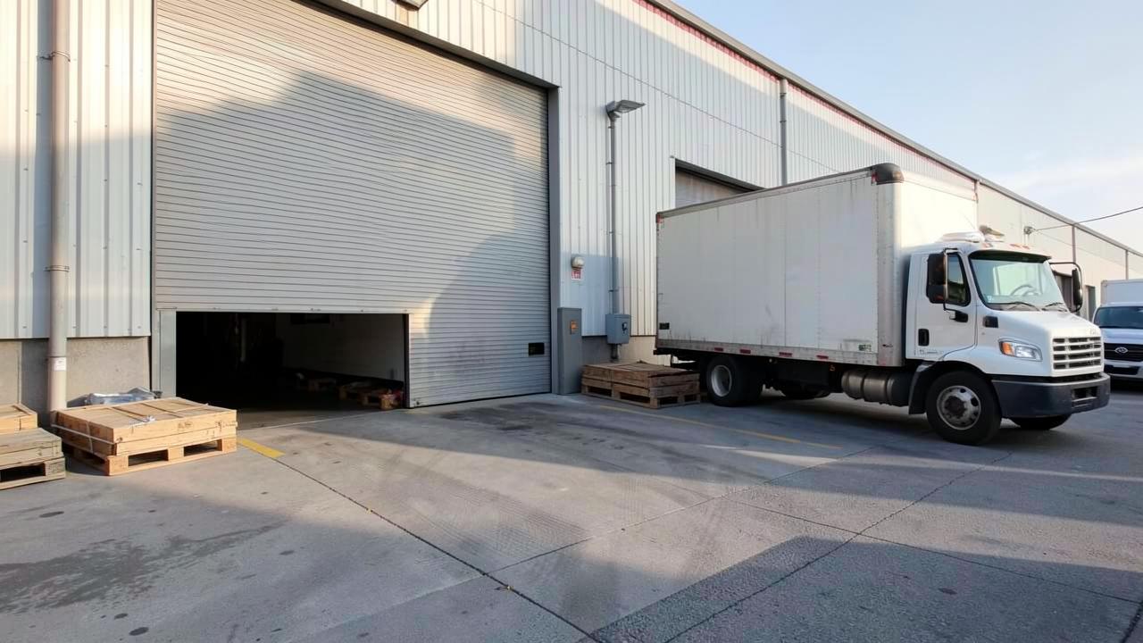 A light-industrial warehouse loading dock with roll-up doors, pallets and a parked box truck