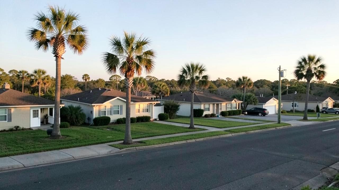 A quiet street of single-story Florida homes with palm trees, backing onto open undeveloped land