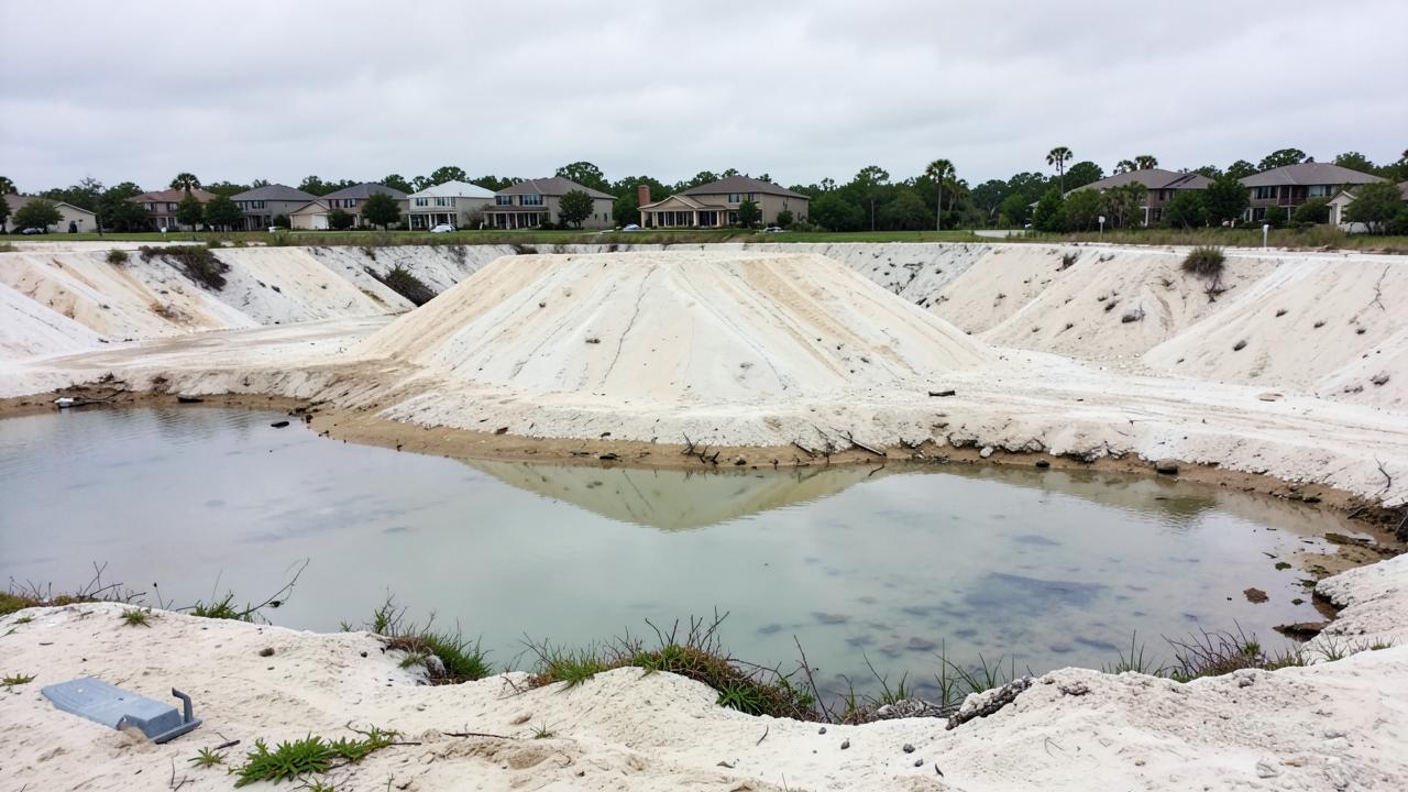 Reclaimed phosphate-mined land in central Florida with pale sand mounds and a row of houses along the far edge