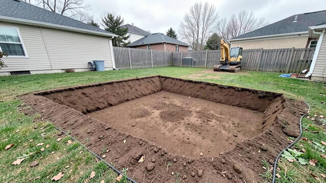 A backyard with a freshly excavated rectangular section of soil removed and a small excavator parked behind