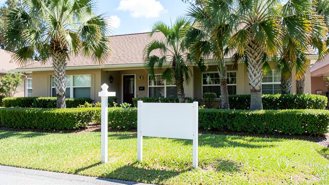A Florida home with palms out front and a blank real-estate sign post in the lawn