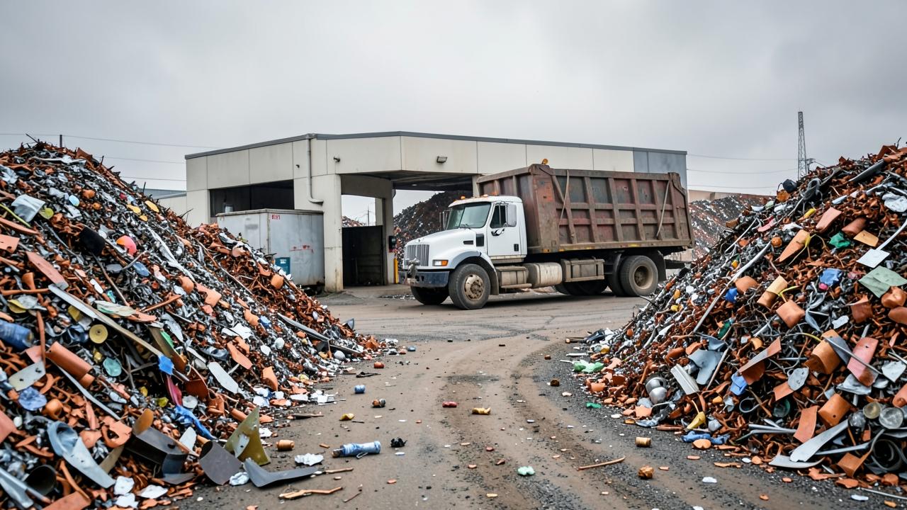 A scrap metal recycling yard with piles of mixed metal and a loaded truck at the inbound scale