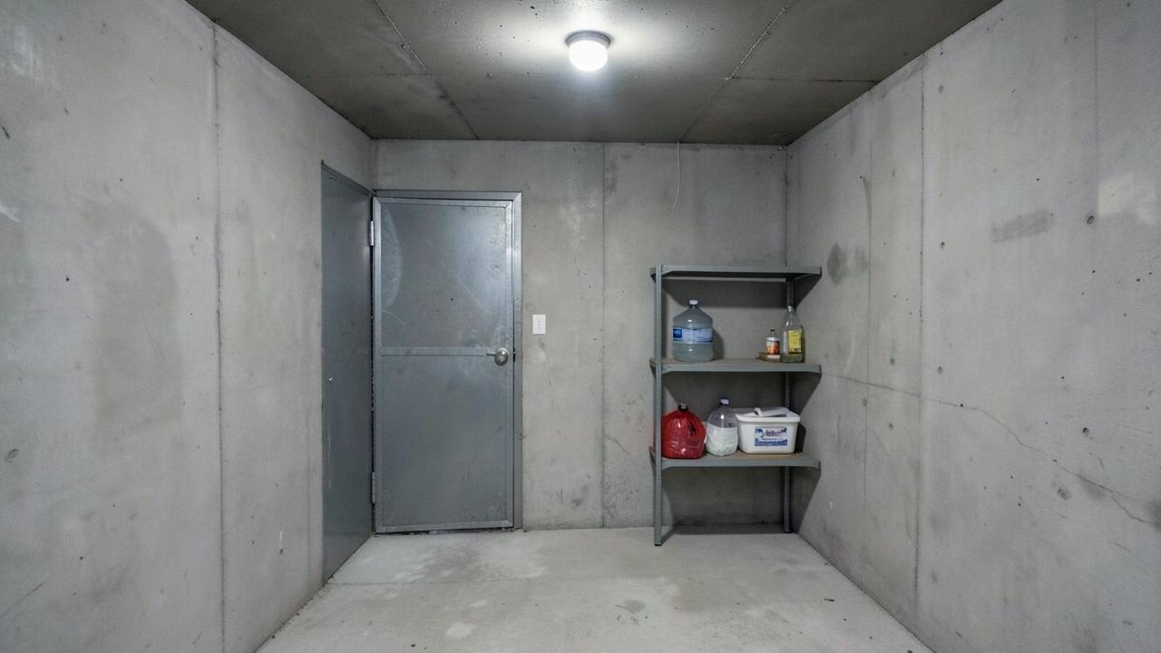 The bare concrete interior of a storm shelter with a heavy steel door and shelved supplies