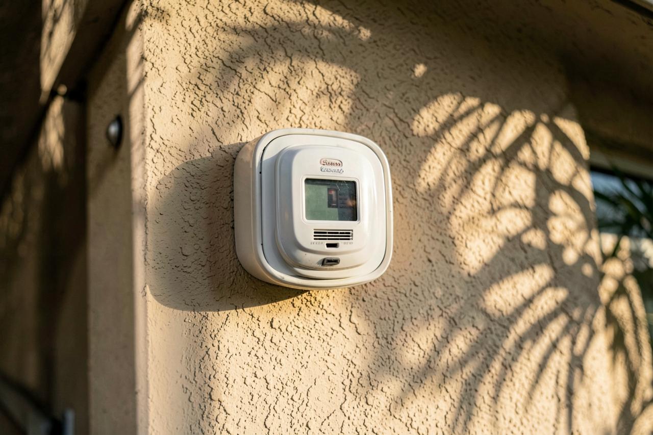 Residential electric smart meter mounted on a stucco exterior wall