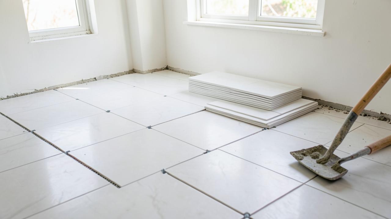 Large-format floor tile part-way through installation, with spacers, a stack of unlaid tiles and a mortar trowel